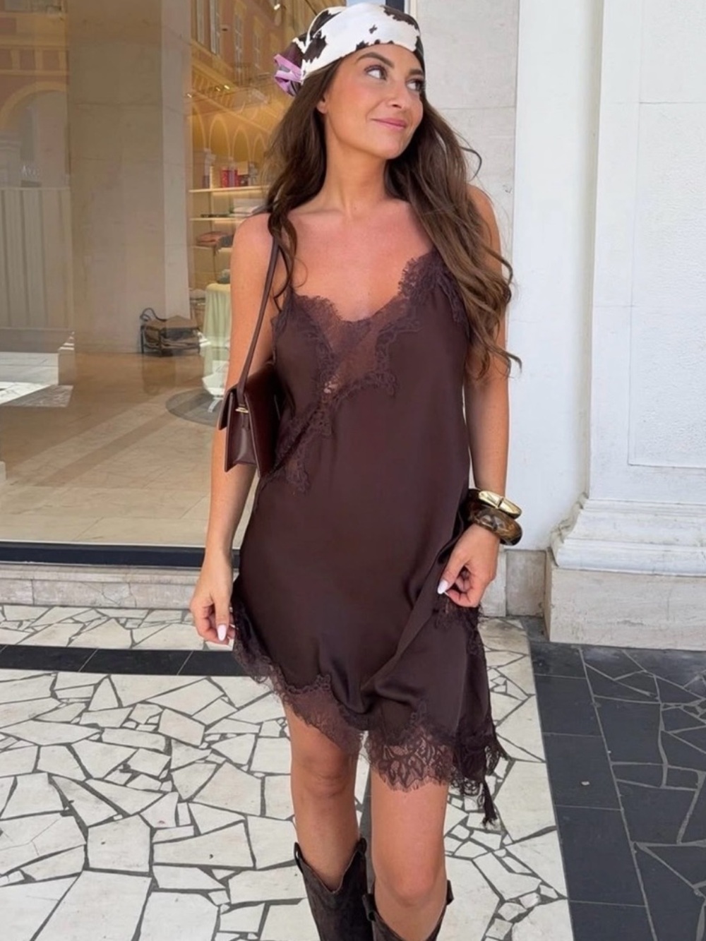 Satin Lace Trim Slip Dress - Brown